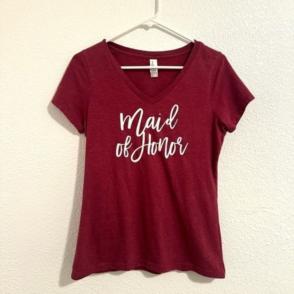 Maid of Honor T-Shirt Women’s S Maroon V-Neck Short Sleeve Top